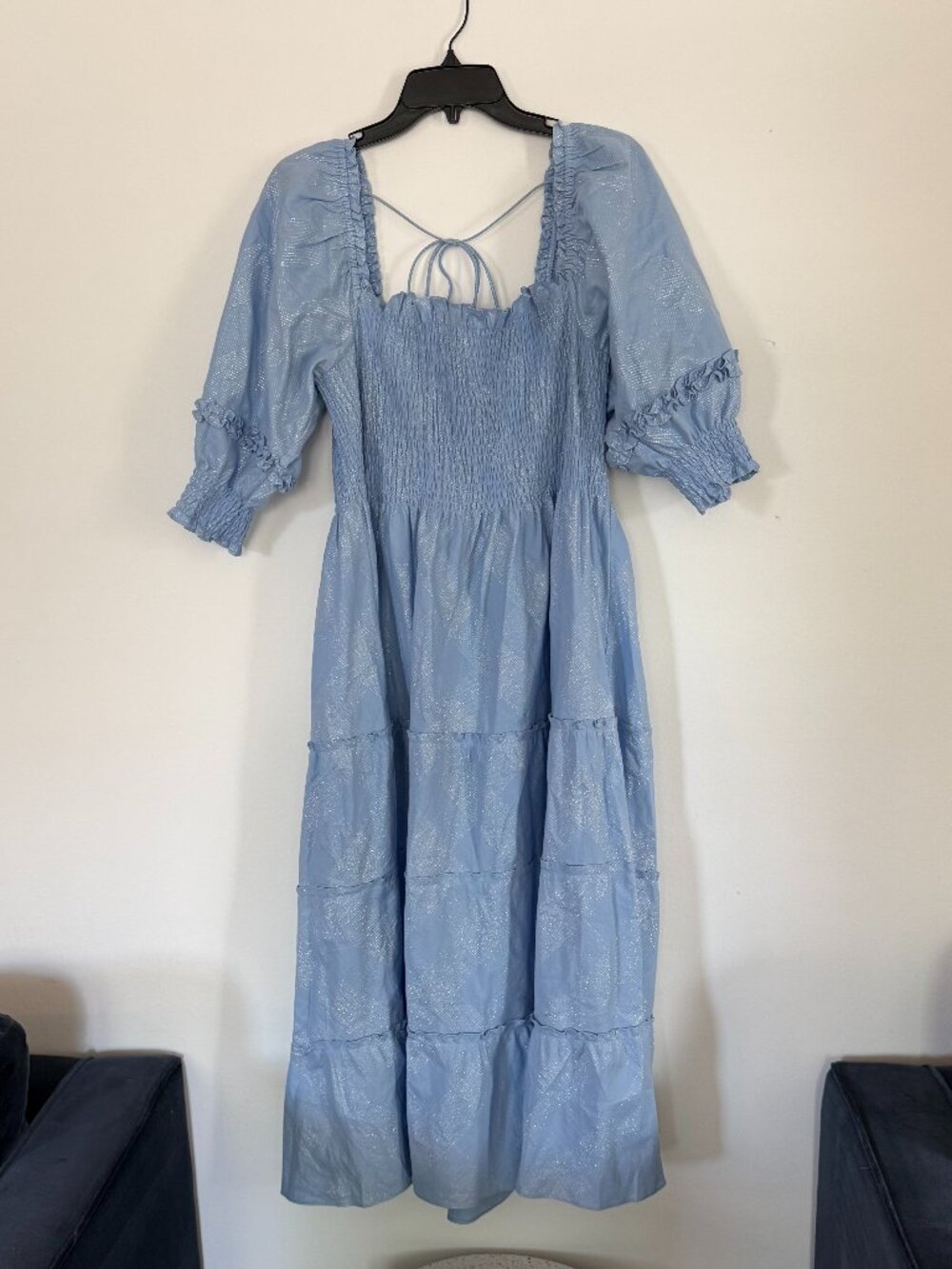 Hill House Nap Dress: Like New Blue Metallic Smocked Puff Sleeve Midi 2XL - Picture 3 of 9
